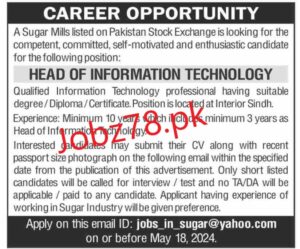 A Sugar Mills Pakistan Stock Exchange Jobs In Sindh May 2024