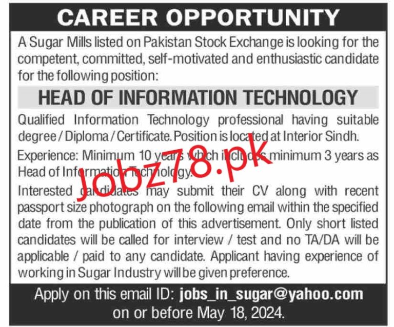 A Sugar Mills Pakistan Stock Exchange Jobs In Sindh May 2024