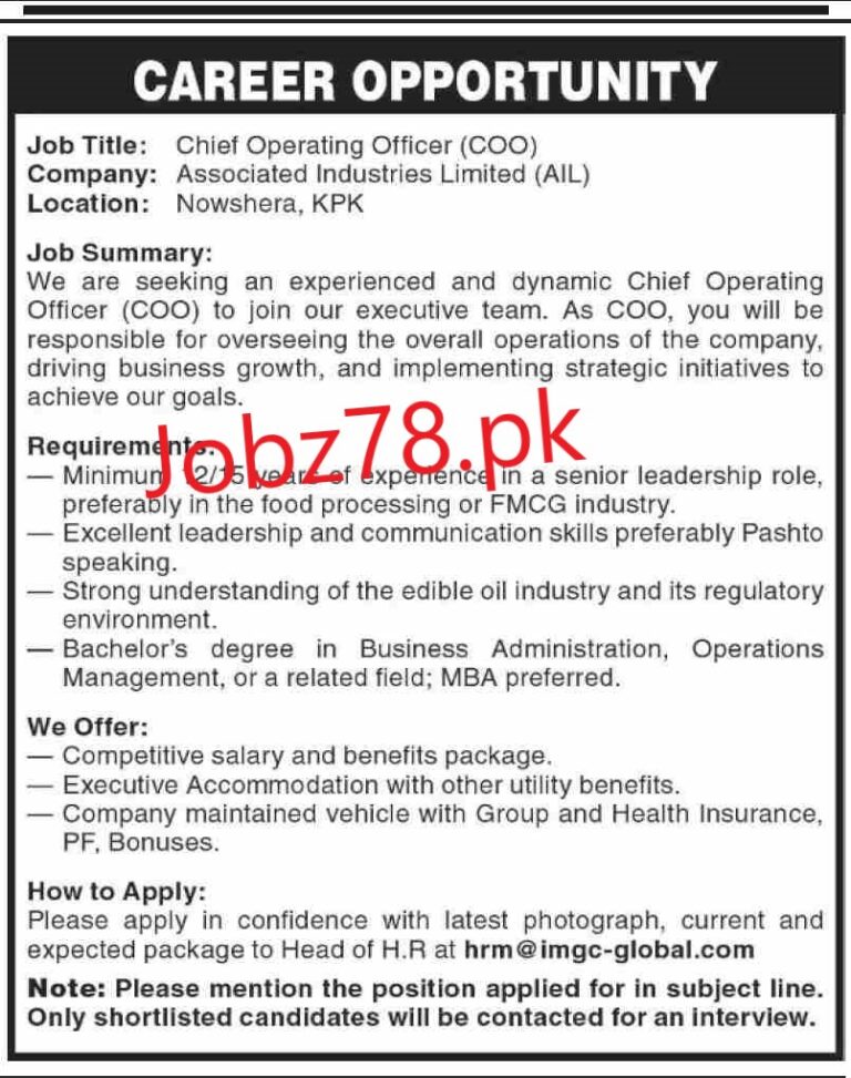 Associate Industries Limited (AIL) Jobs In Nowshera KPK May 2024